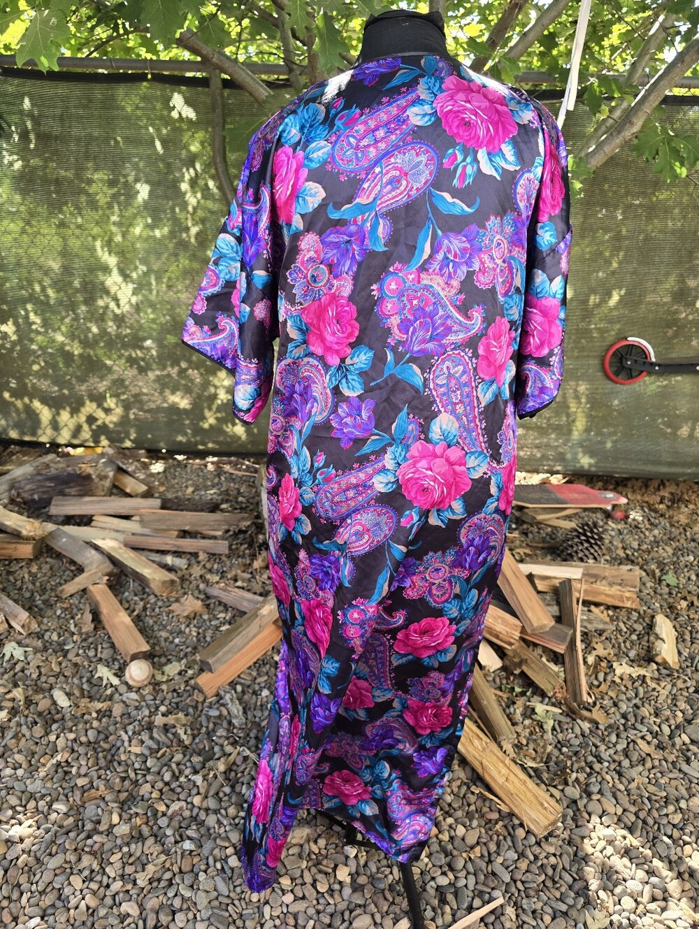 Vtg 80's Floral Paisley Satin Housecoat Muumuu Dress Maximalist Whimsigoth Glam - Picture 3 of 11